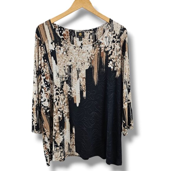 JM Collection Top Womens 2X Black Brown Abstract Print Textured Fall Stretch - Picture 1 of 9